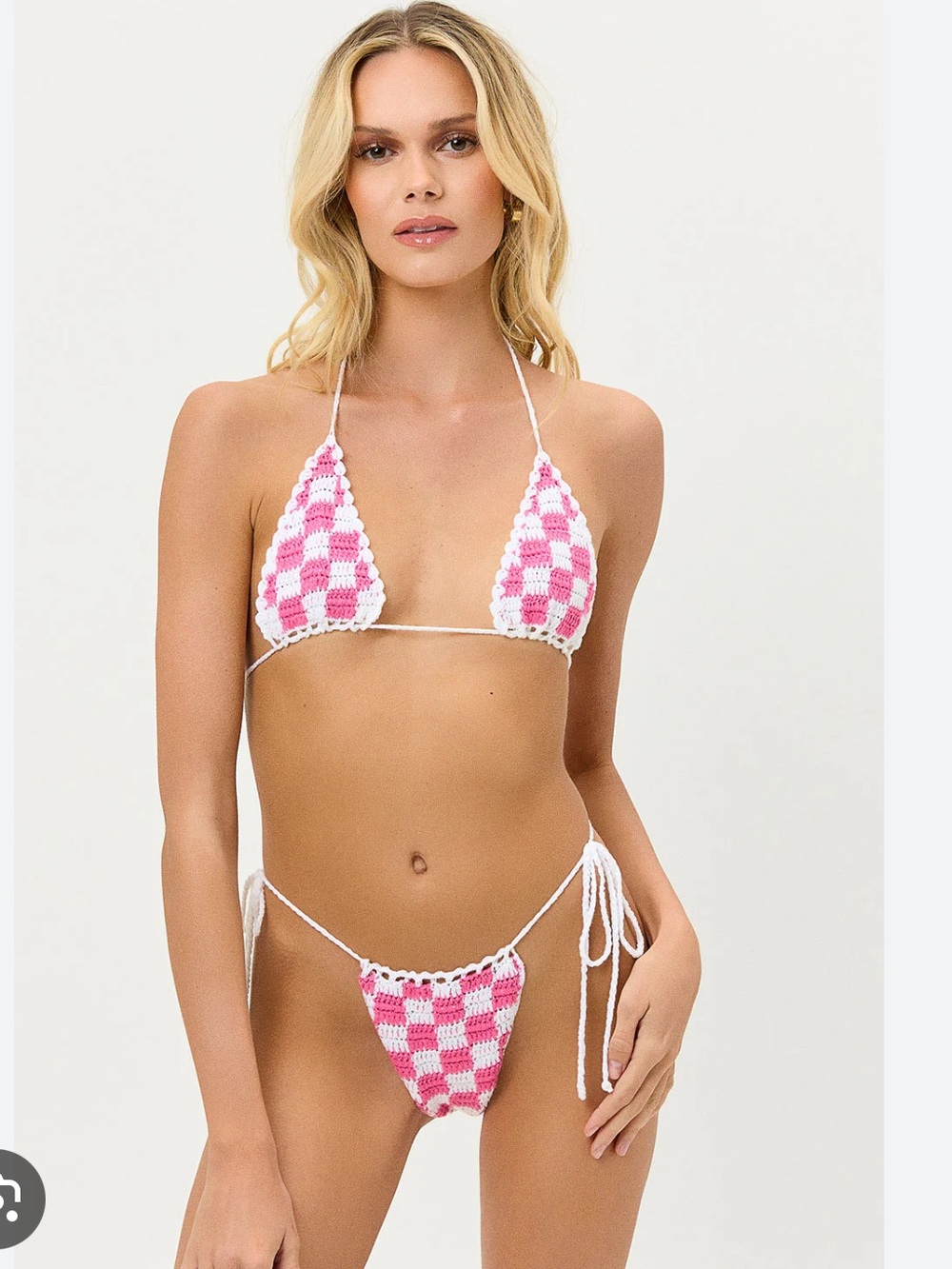 Frankie's Bikinis Pink and White Crochet Check Bikini